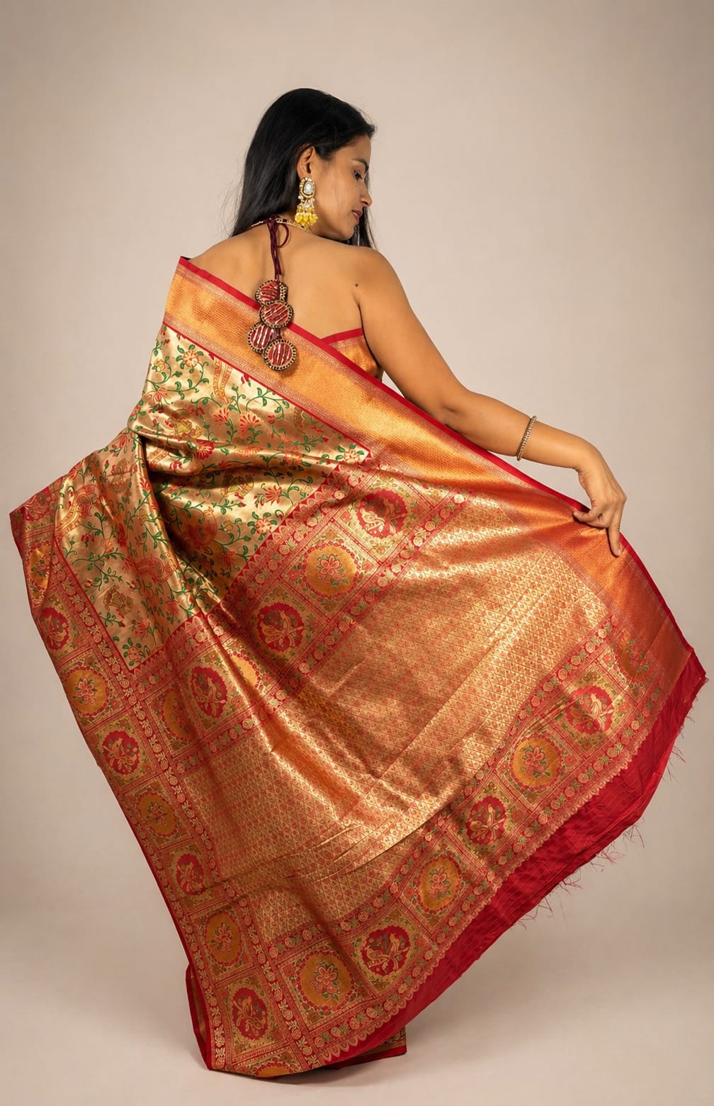 Red and Cream Brocade Saree