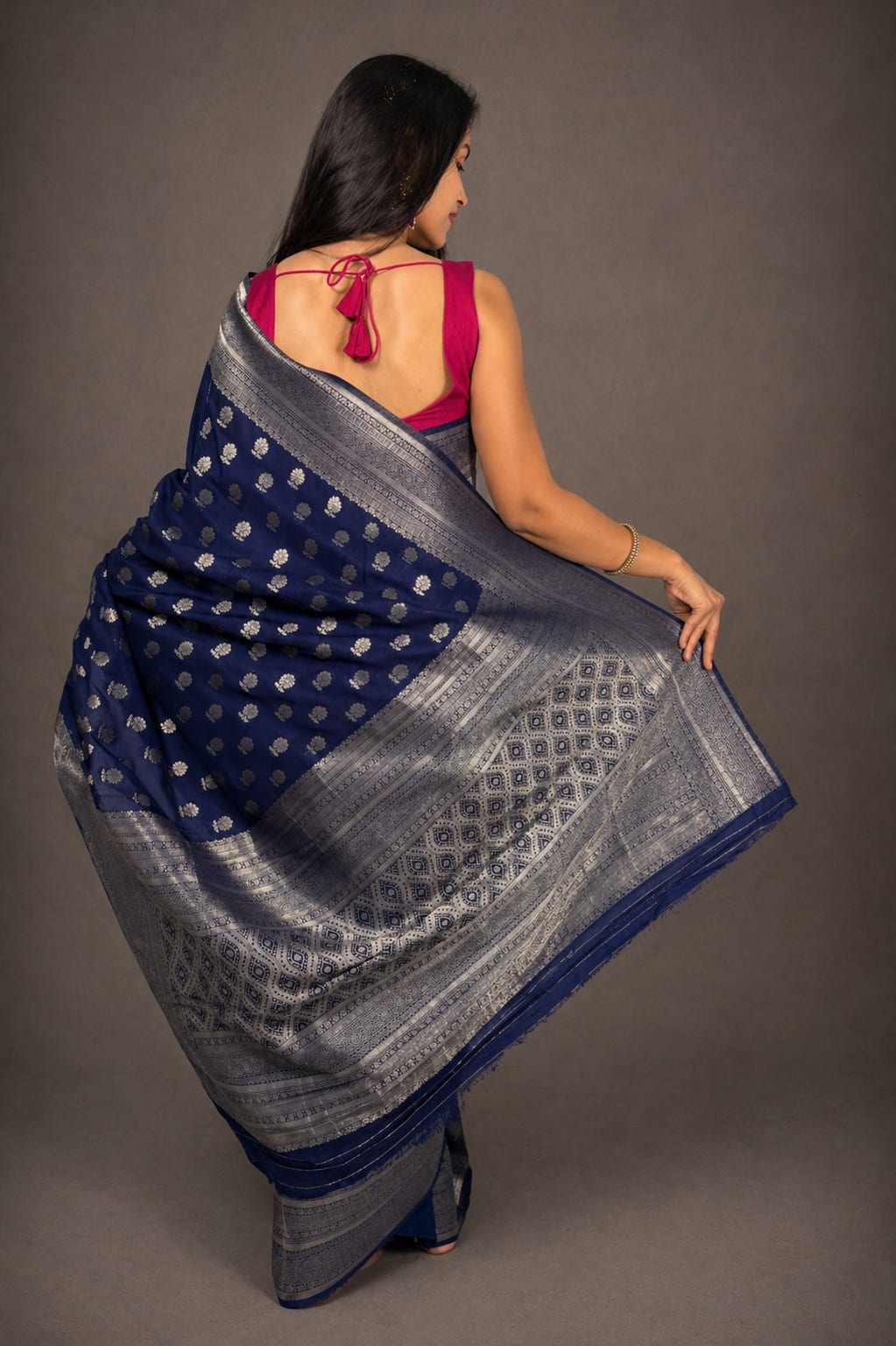 Kashi Chinnon - Navy Blue Boota Work Saree
