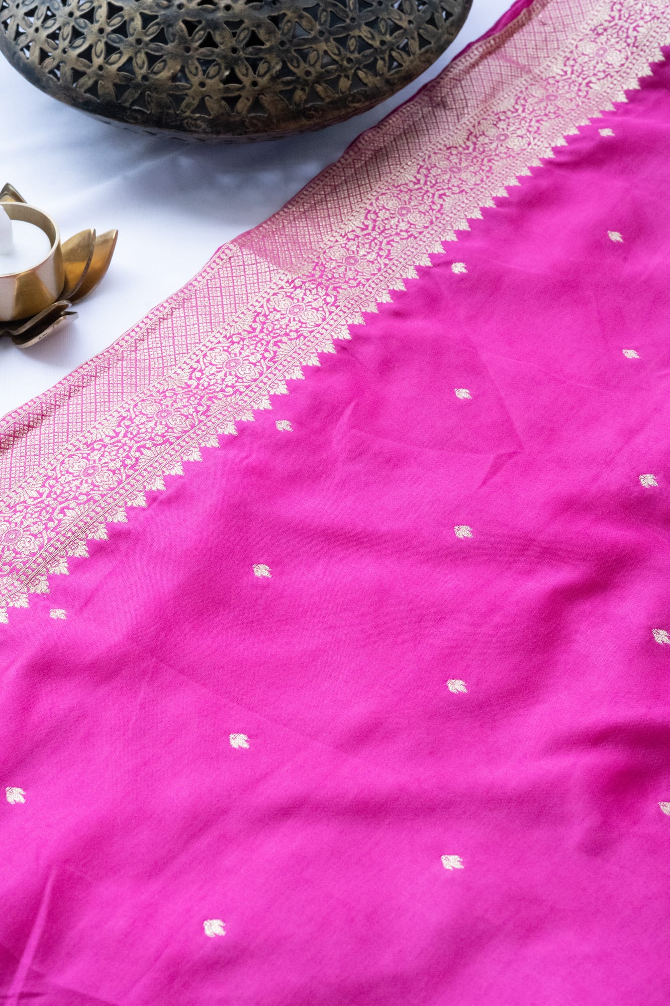 Kashi Crepe - Rani Pink Peacock Motifs Saree