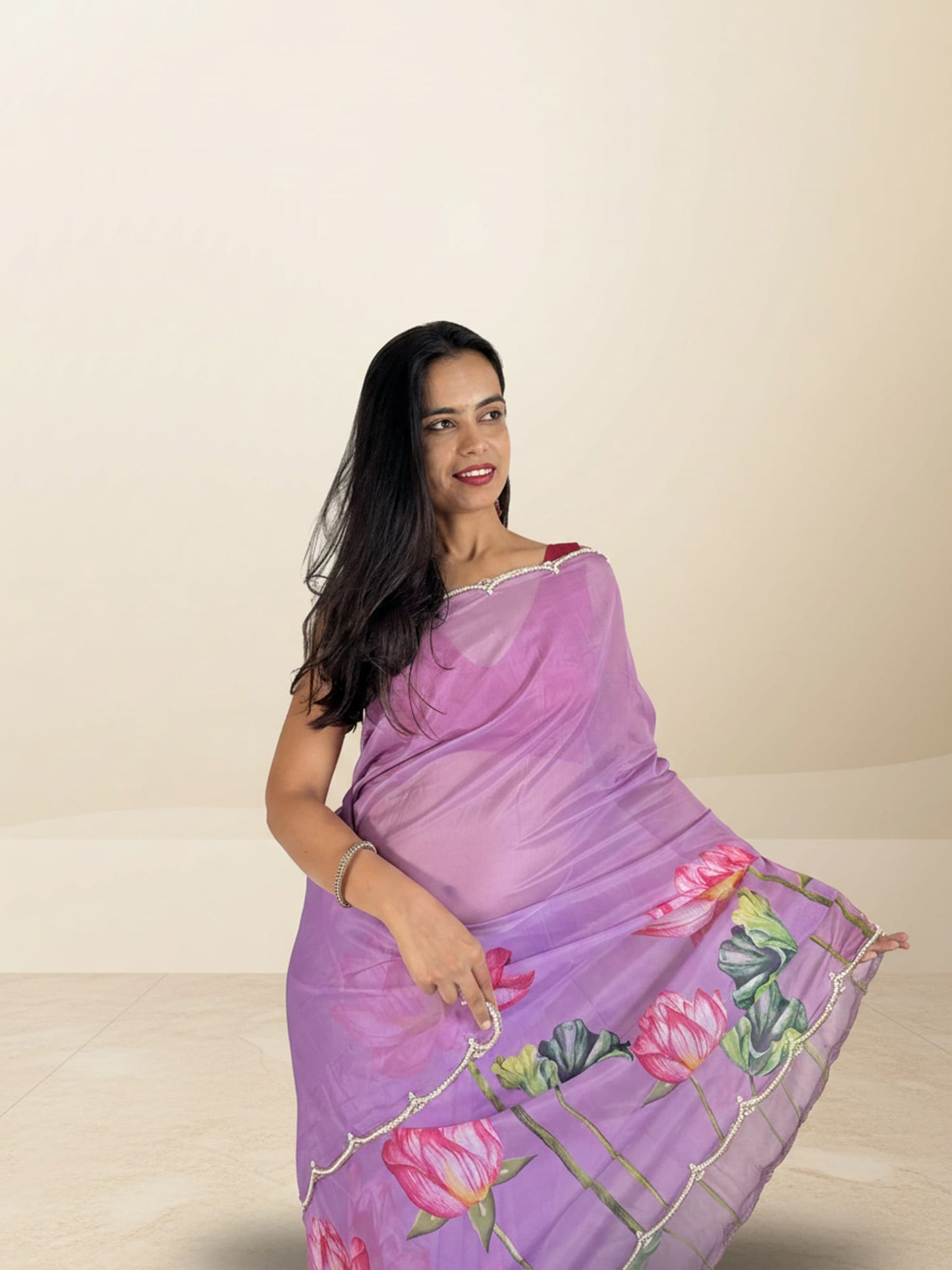 Purple Flower Print Designer Saree