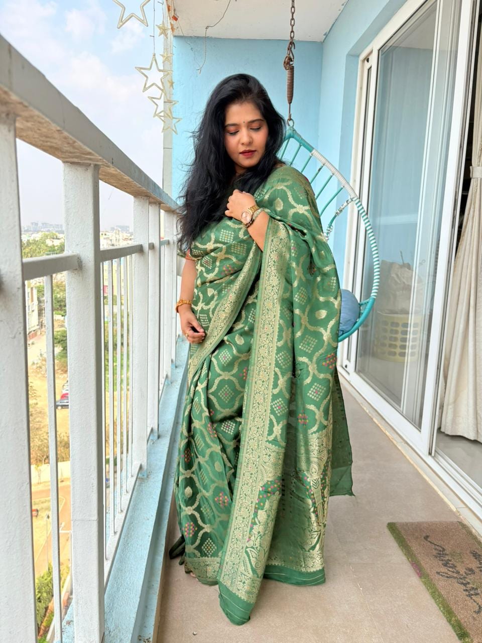 Kashi Crepe - Dark Green Bandhej Banarasi