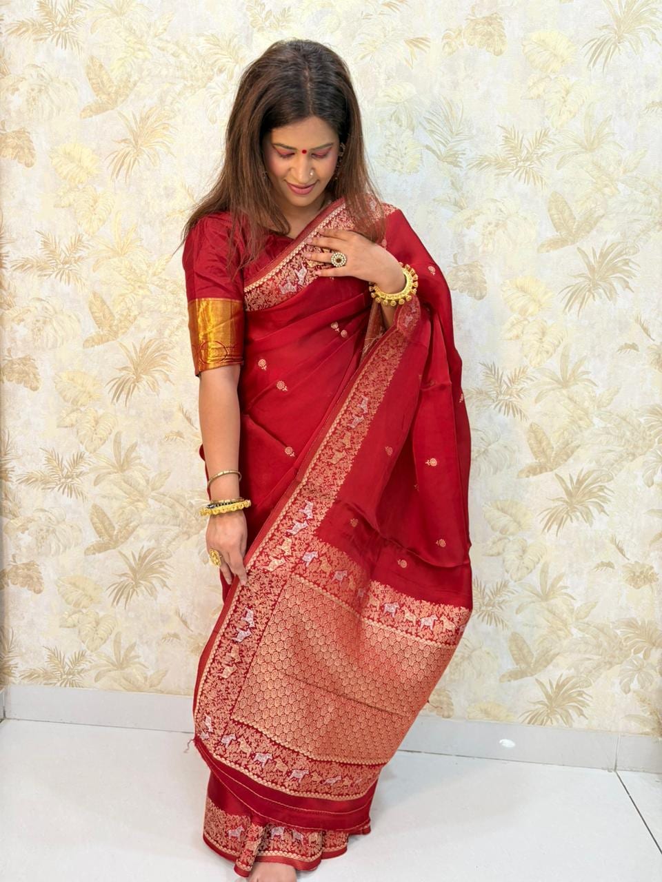 Kashi Mashru - Deep Red Animal Motifs