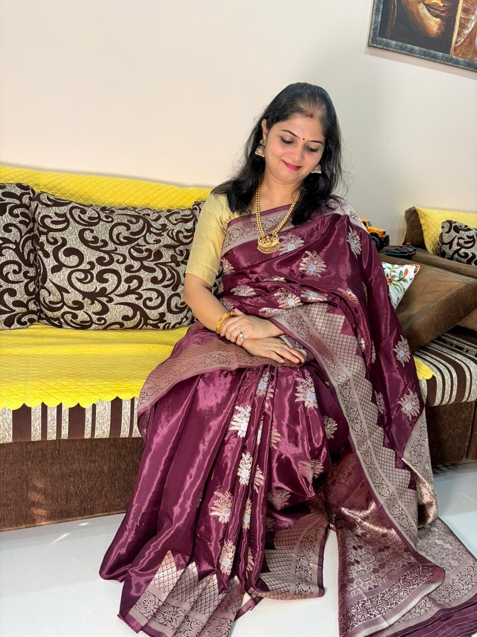 Kashi Crepe - Wine color flower motifs