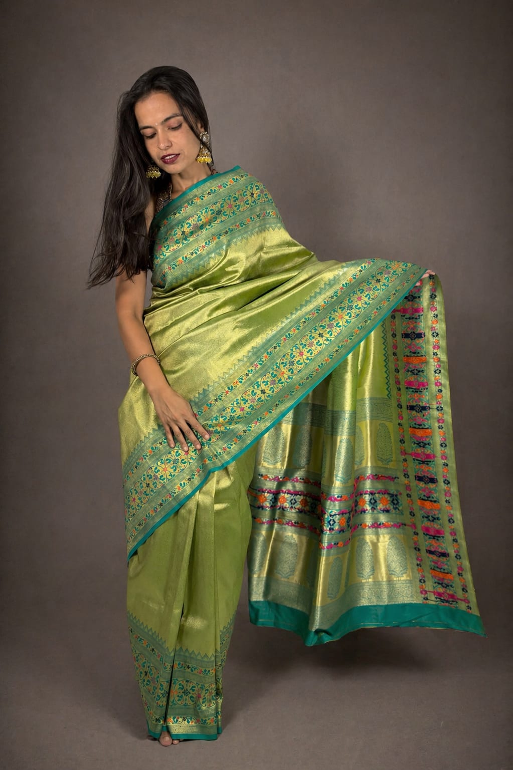 Light Green and Blue Contrast Brocade Saree
