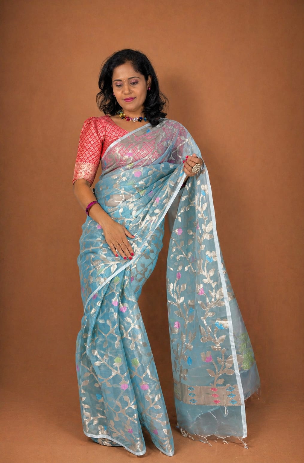 Skyblue Kora Jamdani with Meenakari Motifs