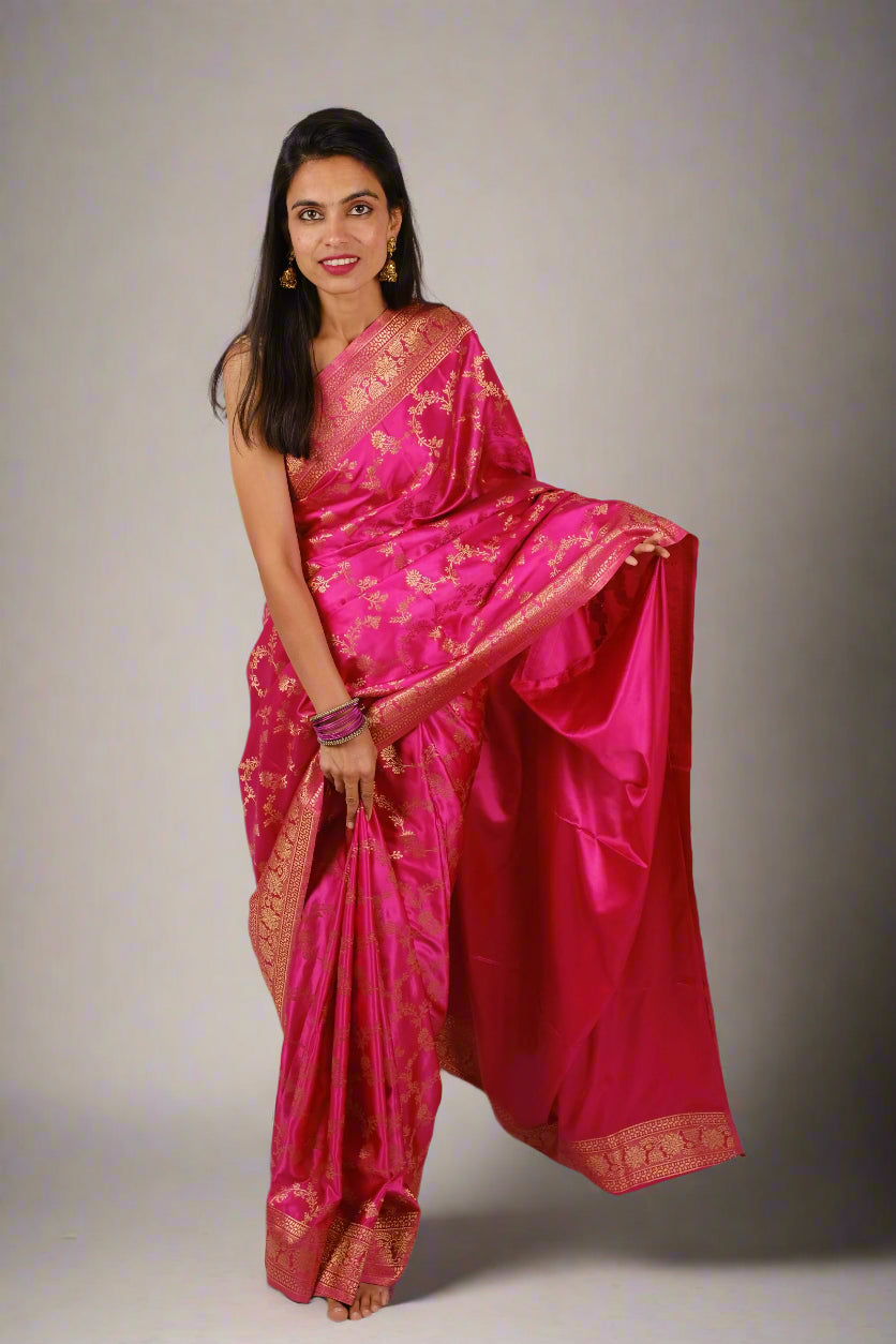 Fuchsia Satin Silk - Banarasi Saree