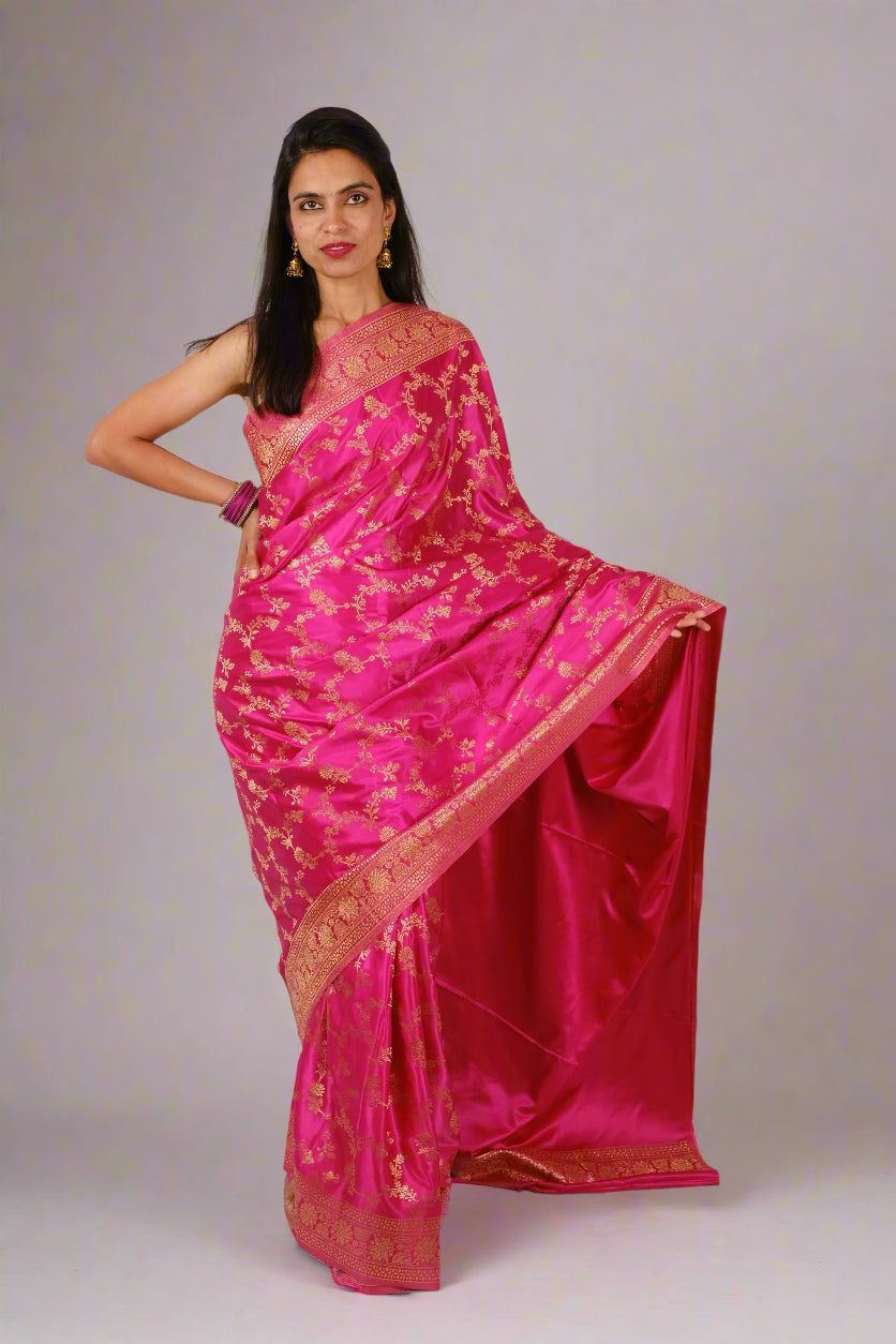 Fuchsia Satin Silk - Banarasi Saree