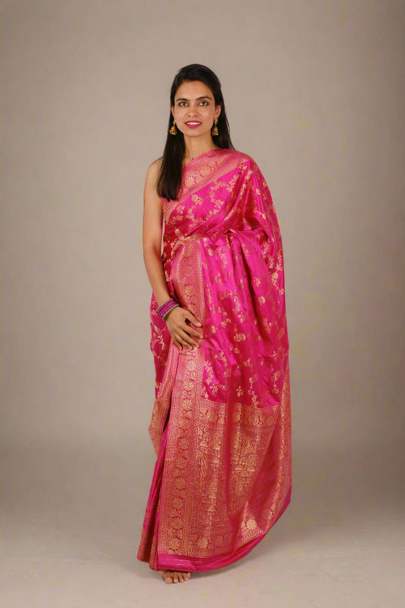 Fuchsia Satin Silk - Banarasi Saree