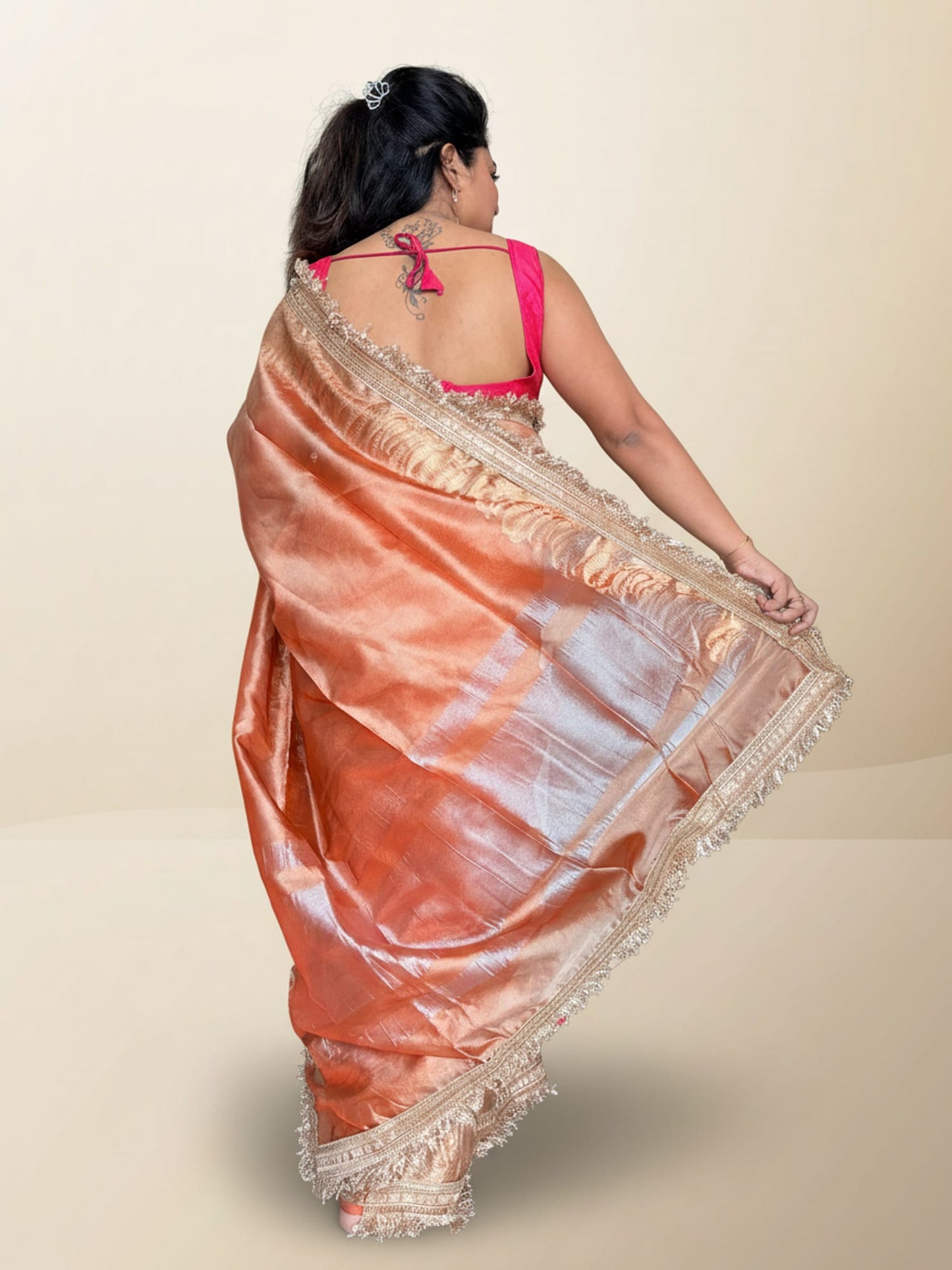 Orange Tissue Saree With Broad Lace