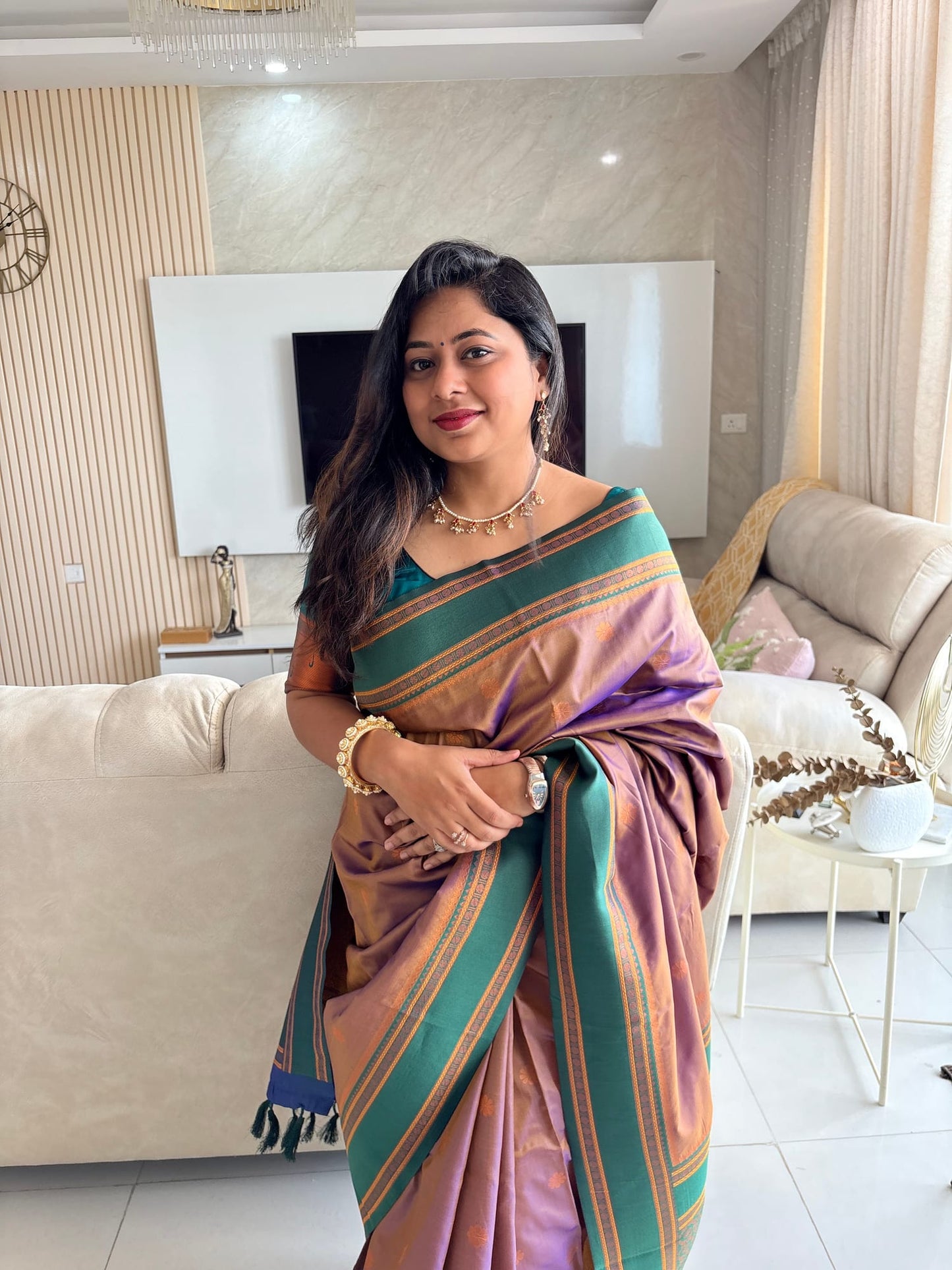Brown and Green Contrast Brocade Saree