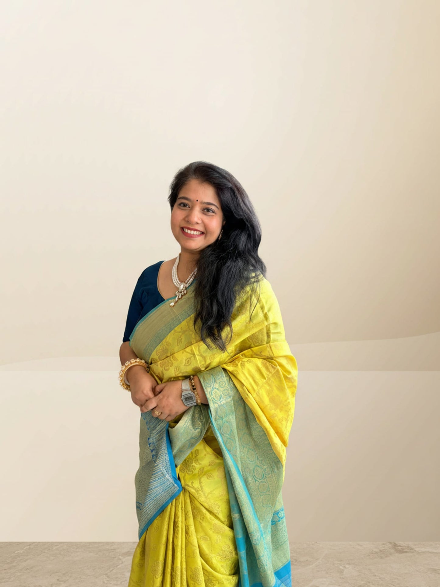 Lemon Yellow and Firozi Contrast Brocade Saree
