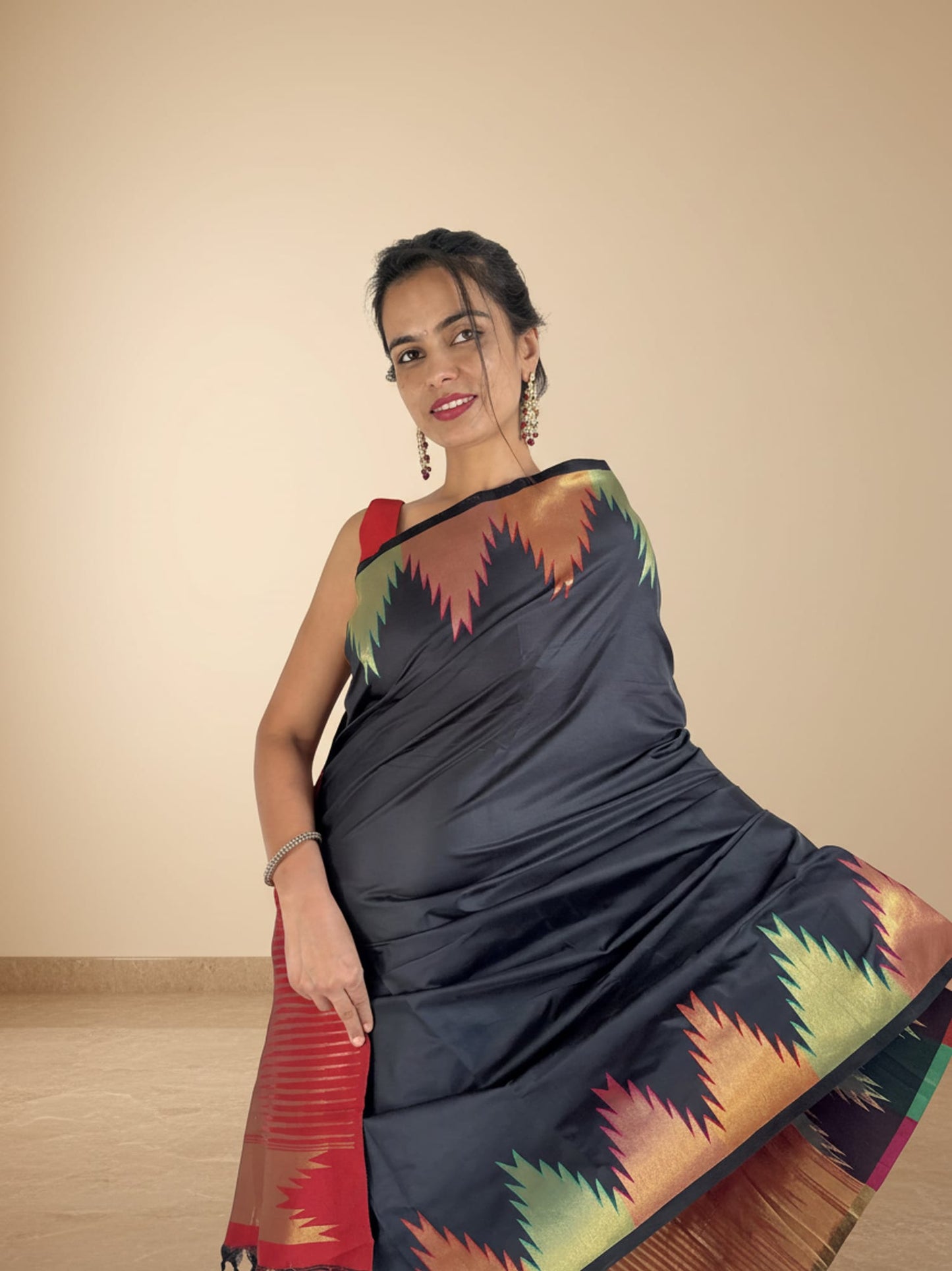 Black Red Contrast Brocade Saree