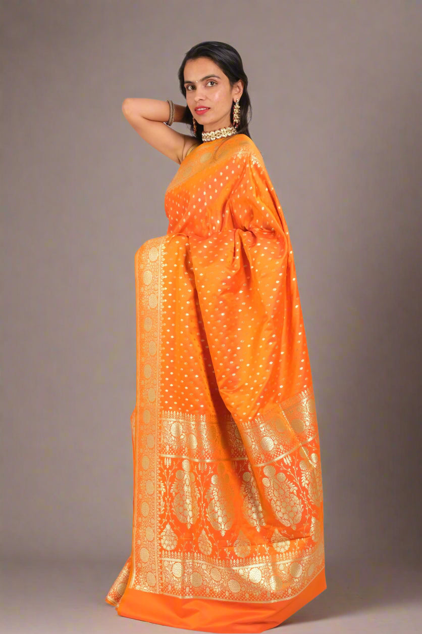 Kesariya Katan Booti Silk - Banarasi Saree