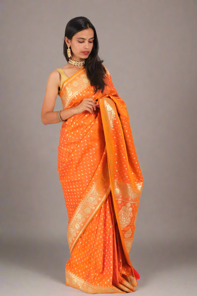 Kesariya Katan Booti Silk - Banarasi Saree