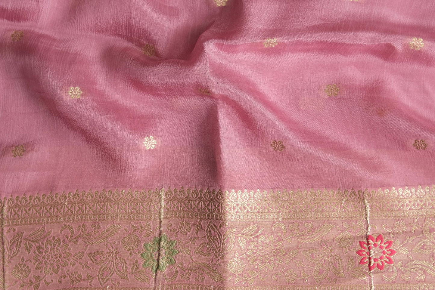 Matching blouse fabric for light pink Russian chinnon Banarasi saree by Silken Saga