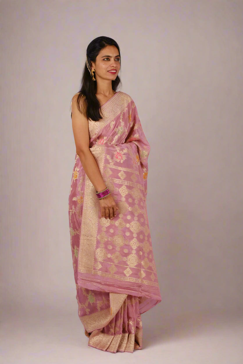 Light Pink Russian Chinnon - Banarasi Saree