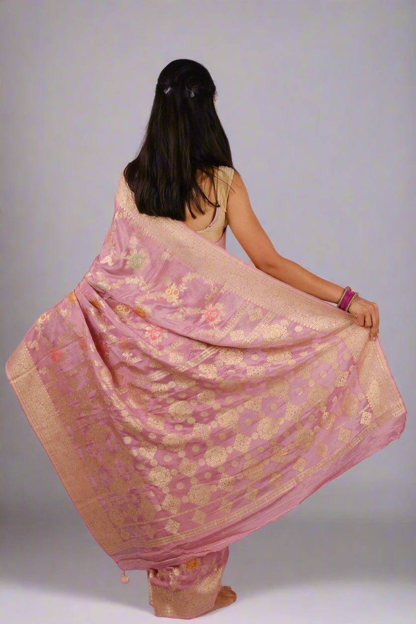 Light Pink Russian Chinnon - Banarasi Saree