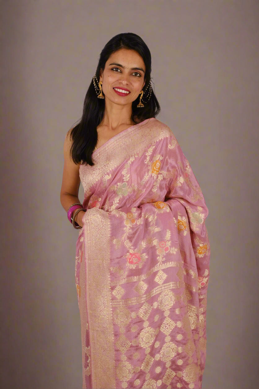 Light Pink Russian Chinnon - Banarasi Saree