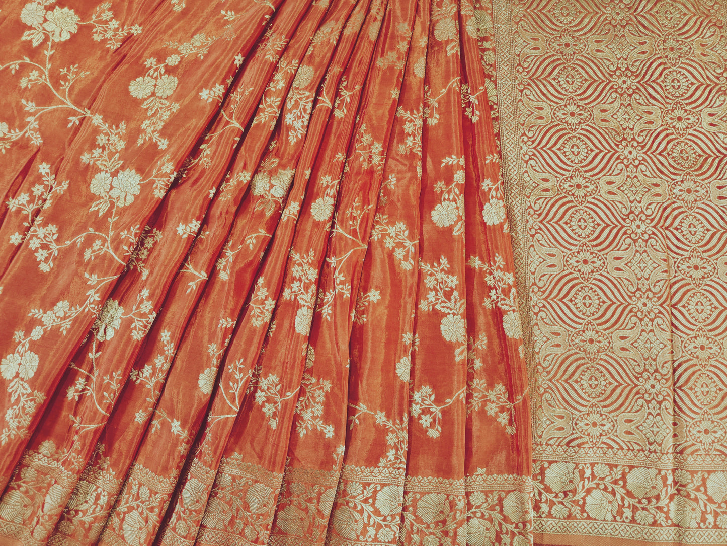Meenakari Caramel Russian Crepe - Banarasi Saree