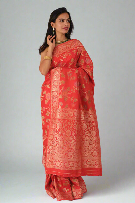 Red Russian Silk Meena - Banarasi Saree