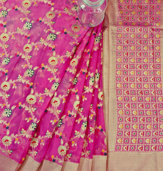 Rose Meena Organza Silk - Banarasi Saree