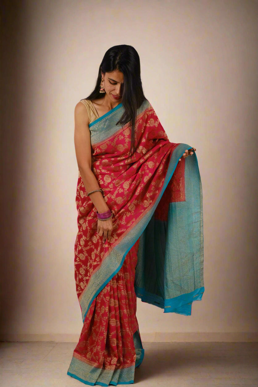 Royal Pink Crushed Georgette - Banarasi Saree