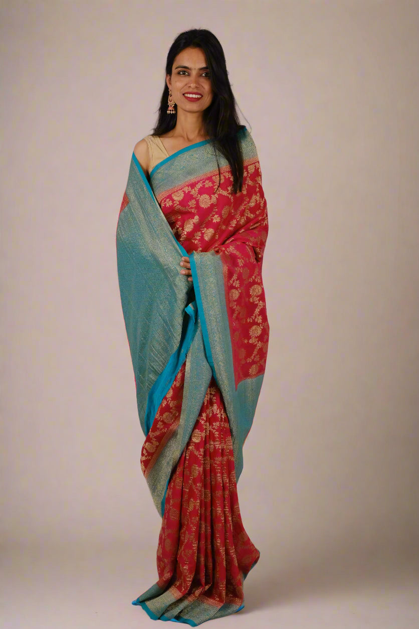 Royal Pink Crushed Georgette - Banarasi Saree