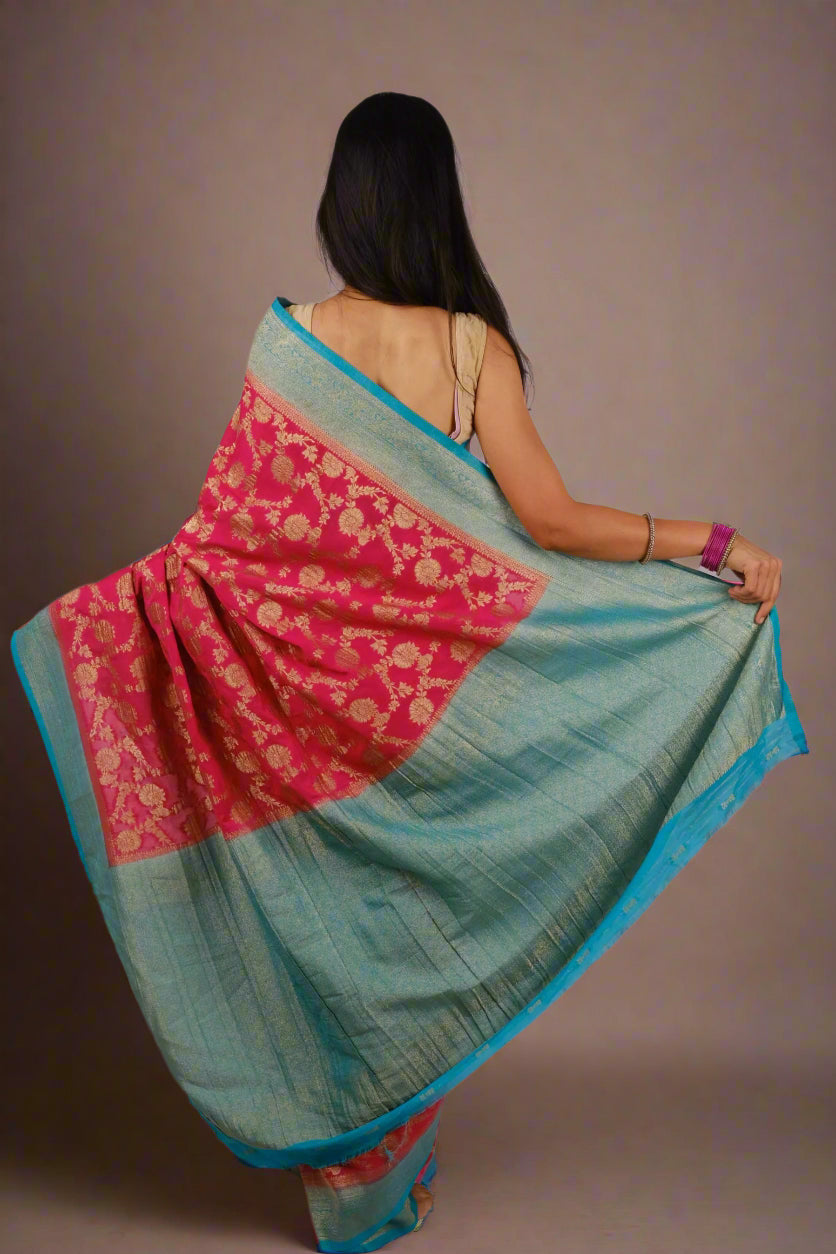 Royal Pink Crushed Georgette - Banarasi Saree