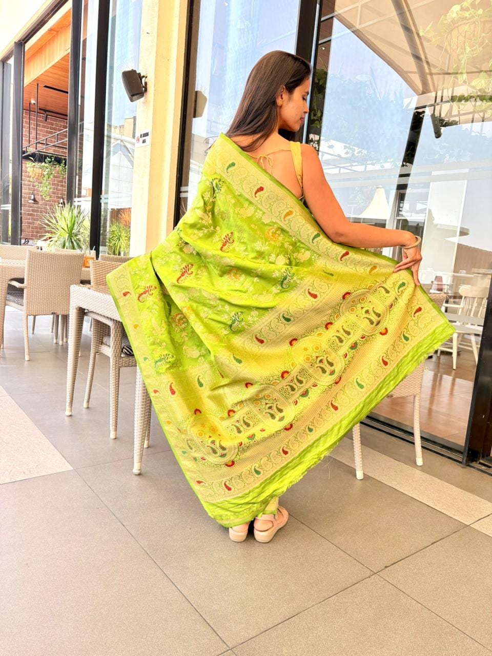Kashi Mashru Parrot Green - Meenakari motifs