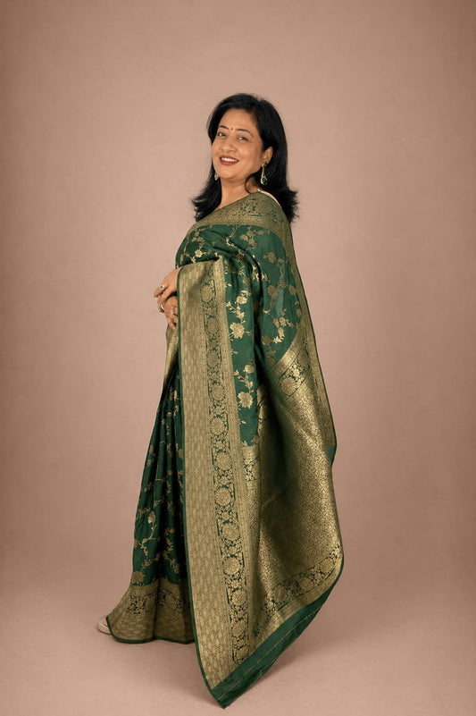 Kashi Chinnon - Dark Green Jaal Work Saree