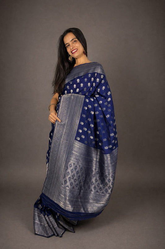 Kashi Chinnon - Navy Blue Boota Work Saree