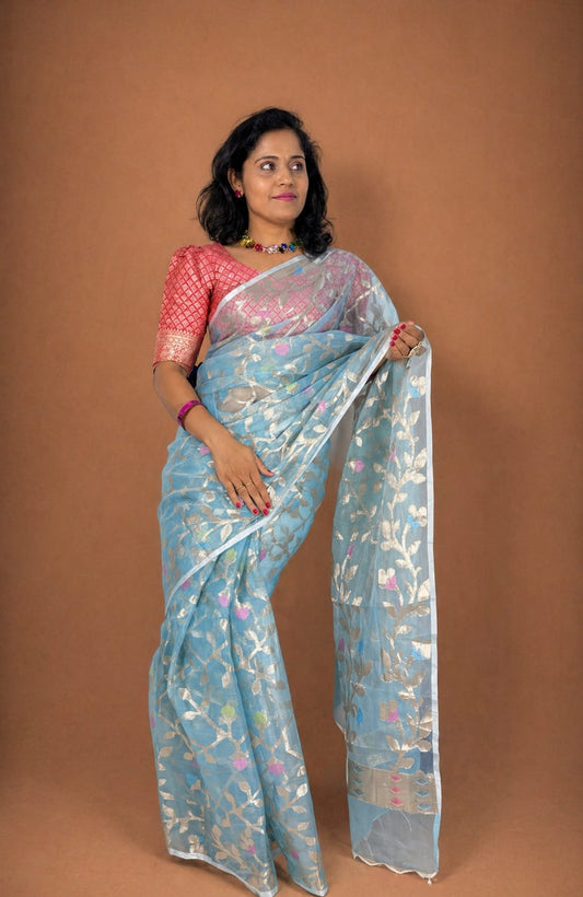 Skyblue Kora Jamdani with Meenakari Motifs