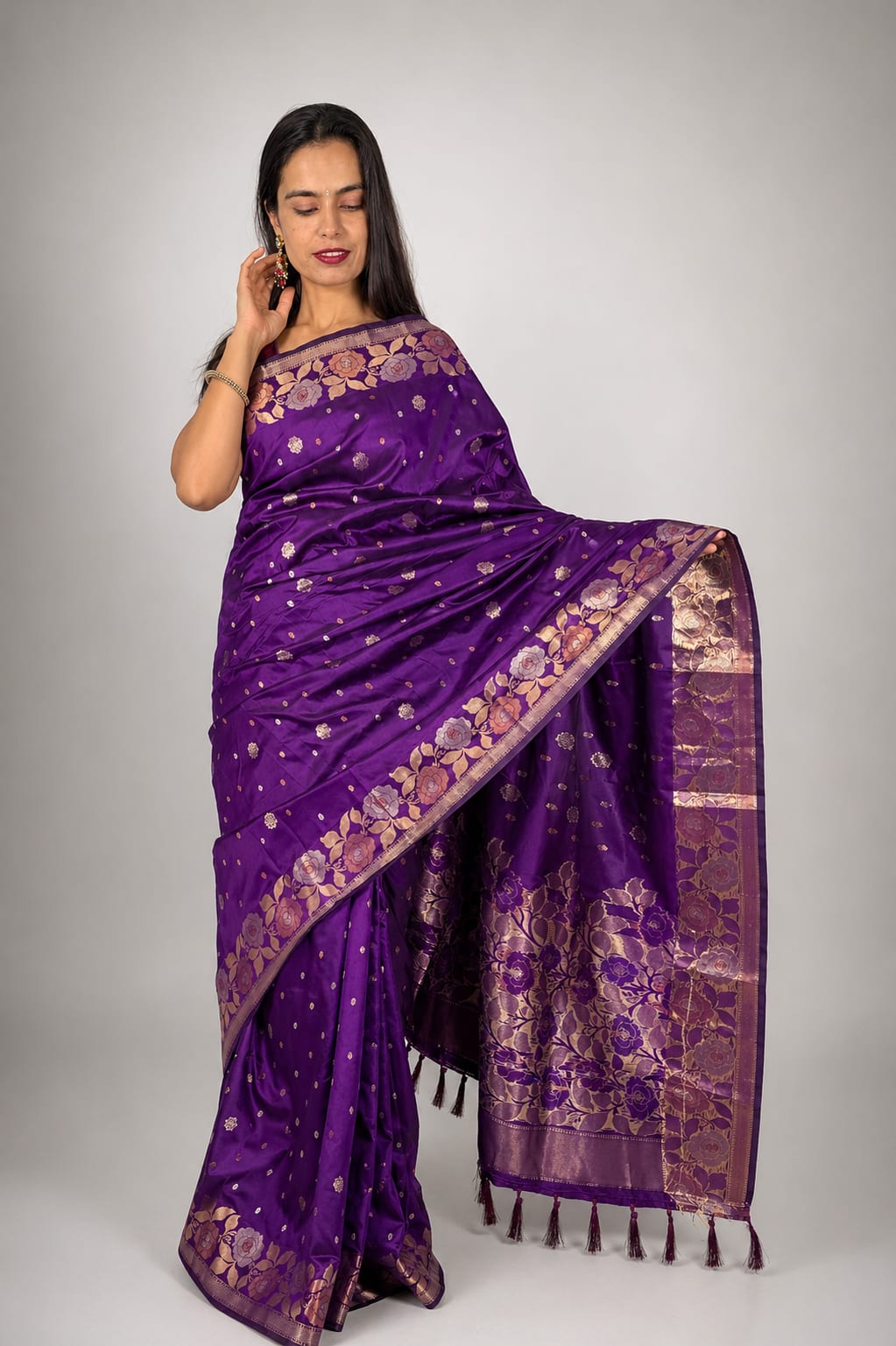 Kashi Katan - Purple Booti Work Saree