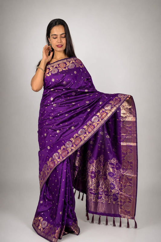 Kashi Katan - Purple Booti Work Saree