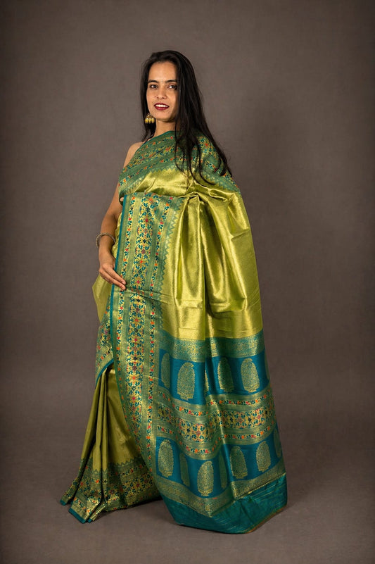 Light Green and Blue Contrast Brocade Saree