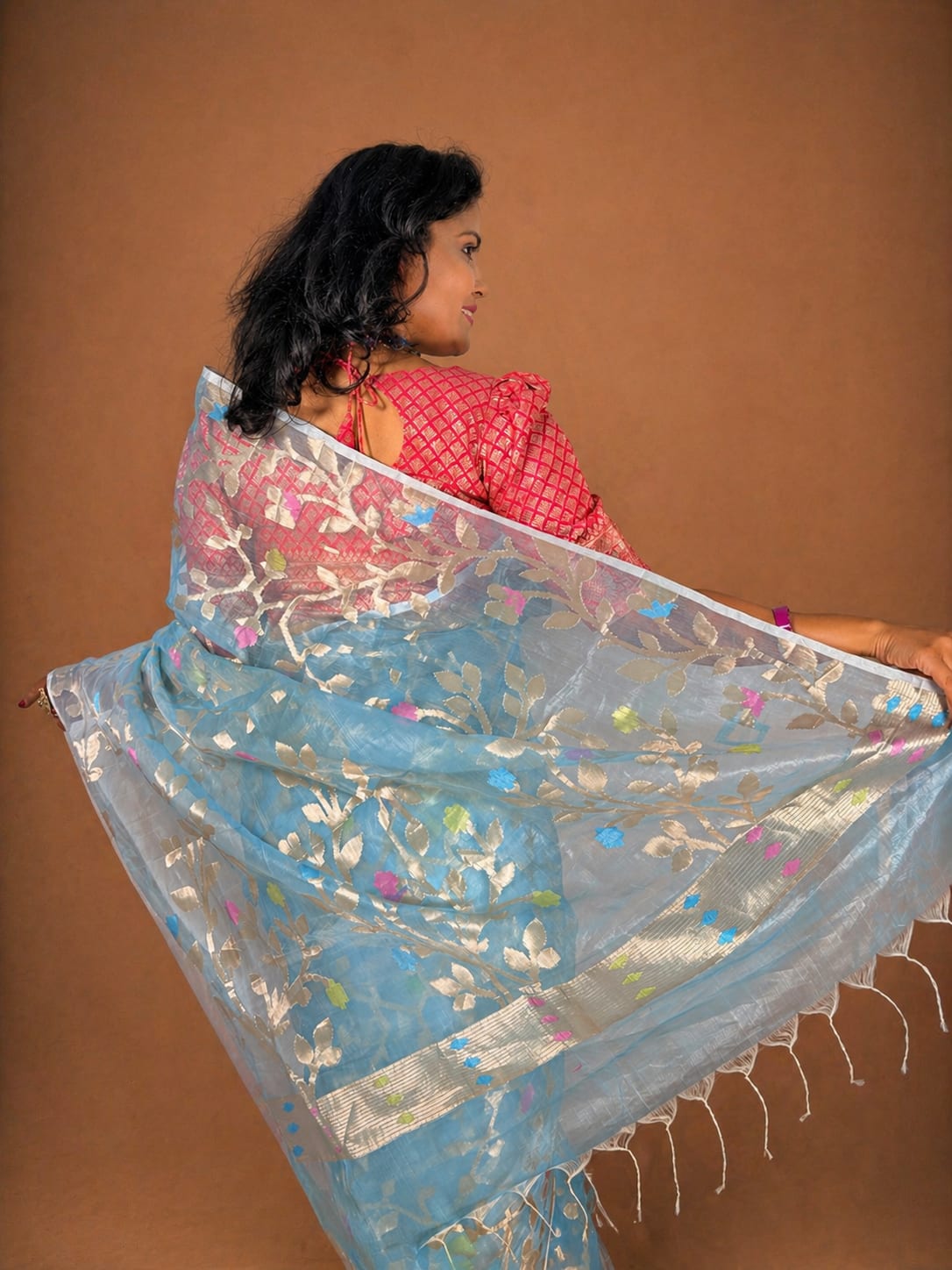 Skyblue Kora Jamdani with Meenakari Motifs