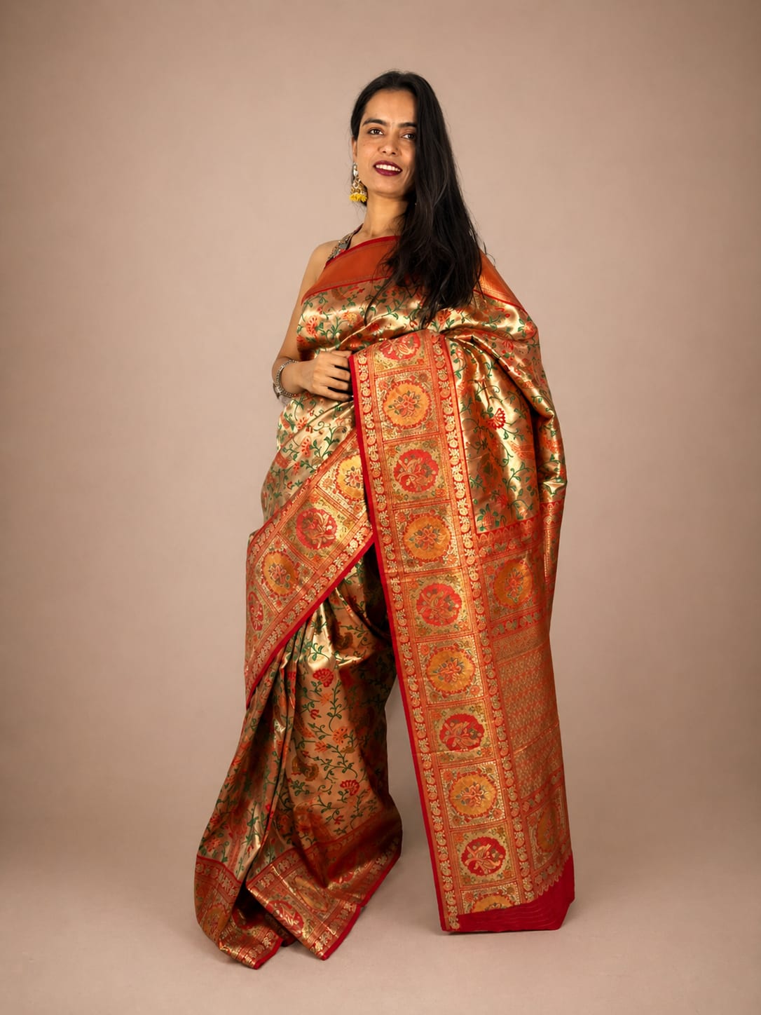 Red and Cream Brocade Saree