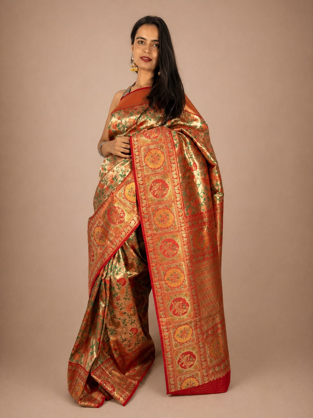 Red and Cream Brocade Saree