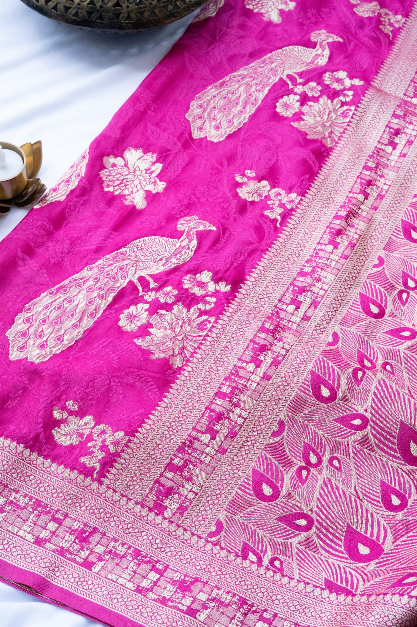 Kashi Crepe - Rani Pink Peacock Motifs Saree