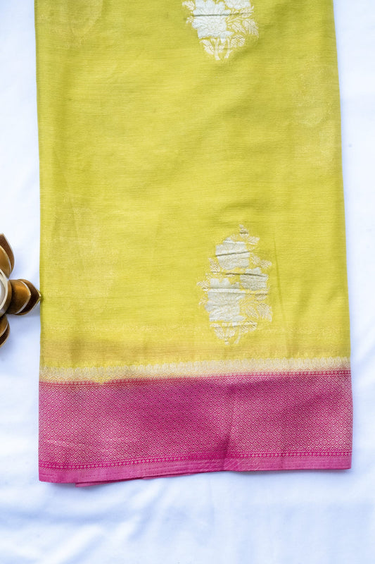 Kashi Crepe Georgette - Lemon Green and Pink Contrast
