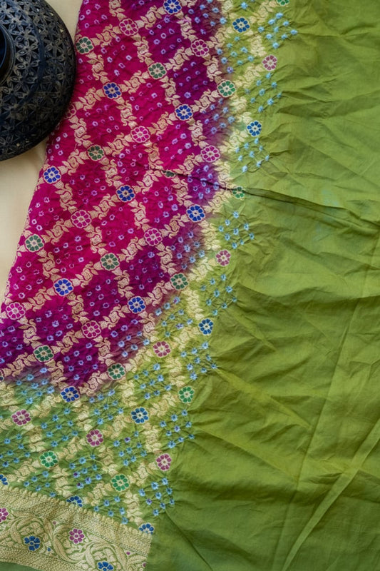 Kashi Bandhej - Pink and Parrot Green Contrast