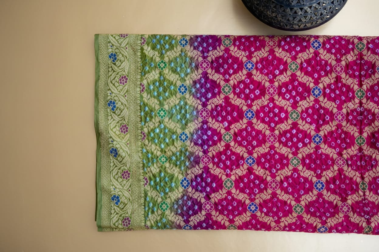Kashi Bandhej - Pink and Parrot Green Contrast