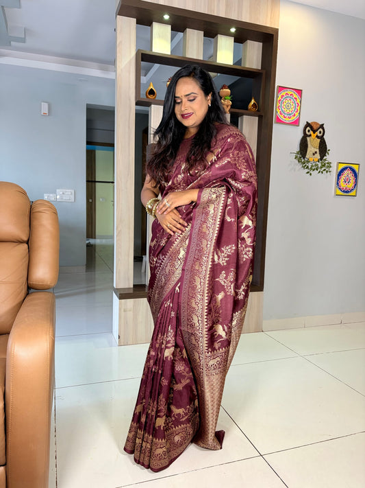 Kashi Tasser - Wine Color Animal Motifs Saree