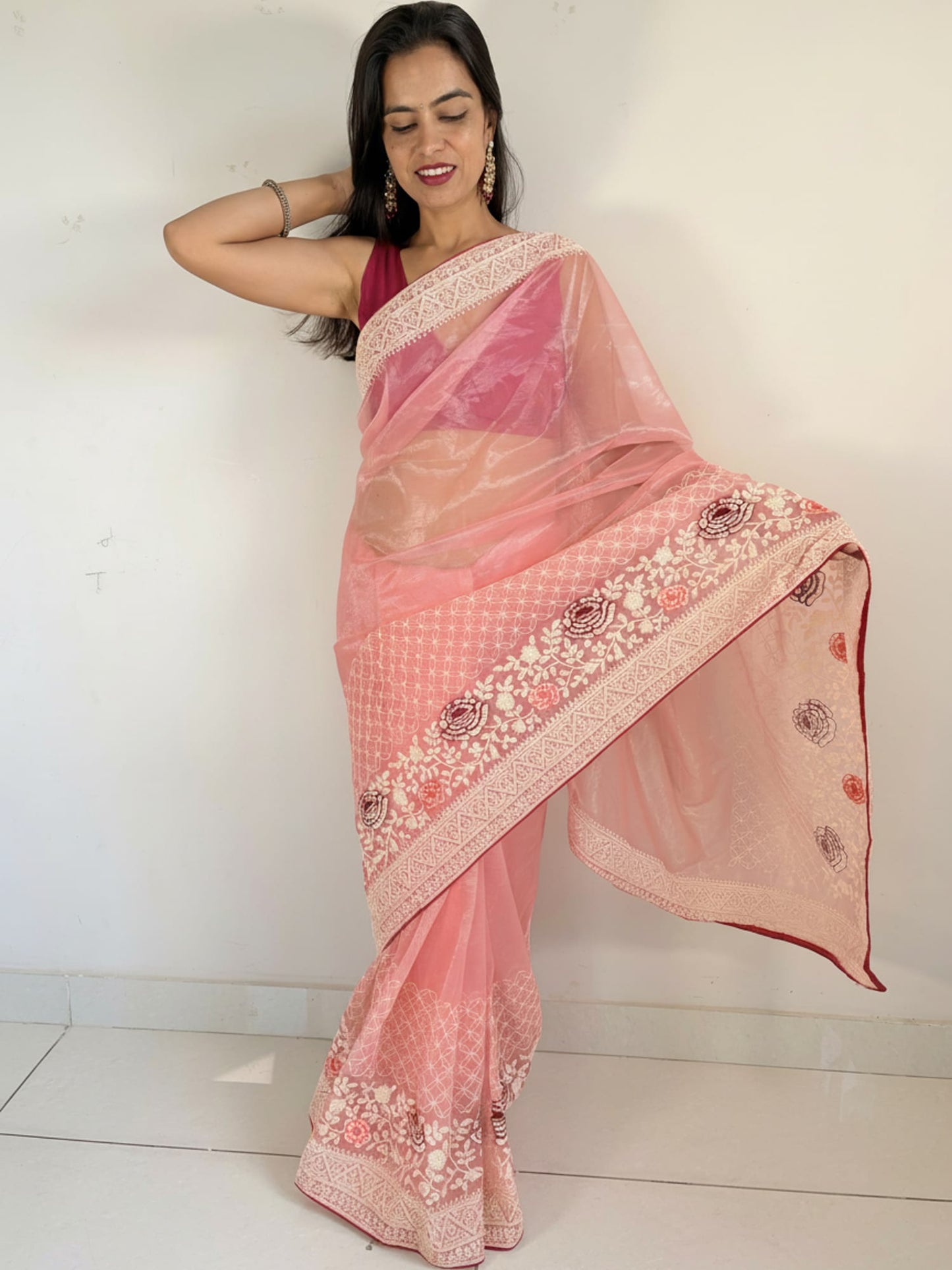 Peach Organza Designer Saree