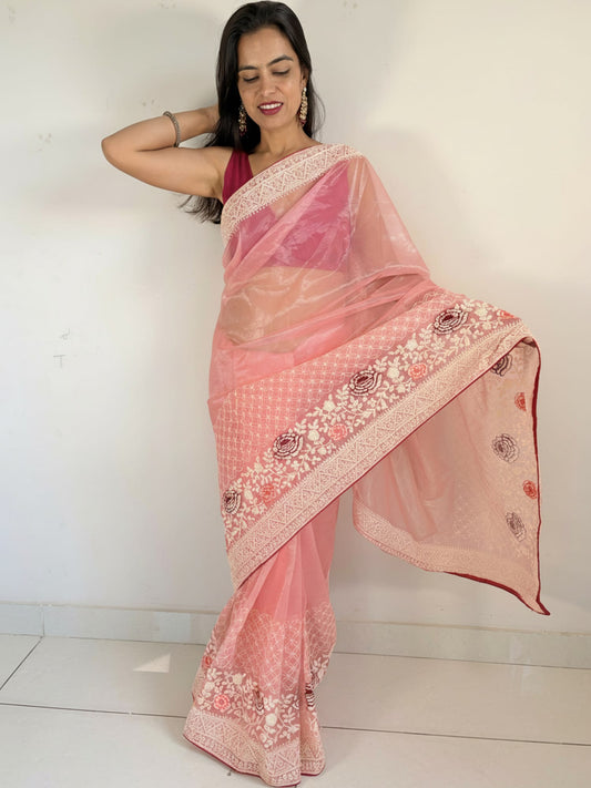 Peach Organza Designer Saree