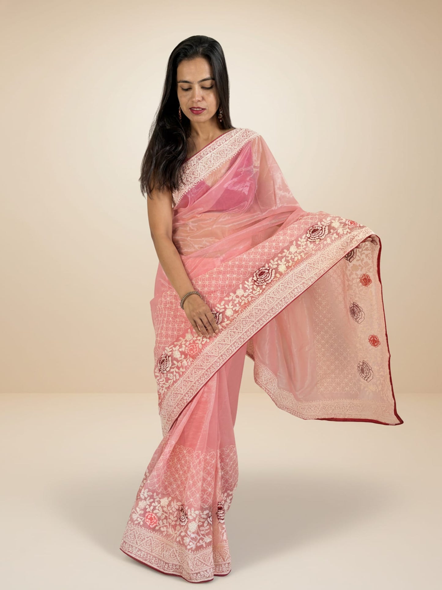 Peach Organza Designer Saree