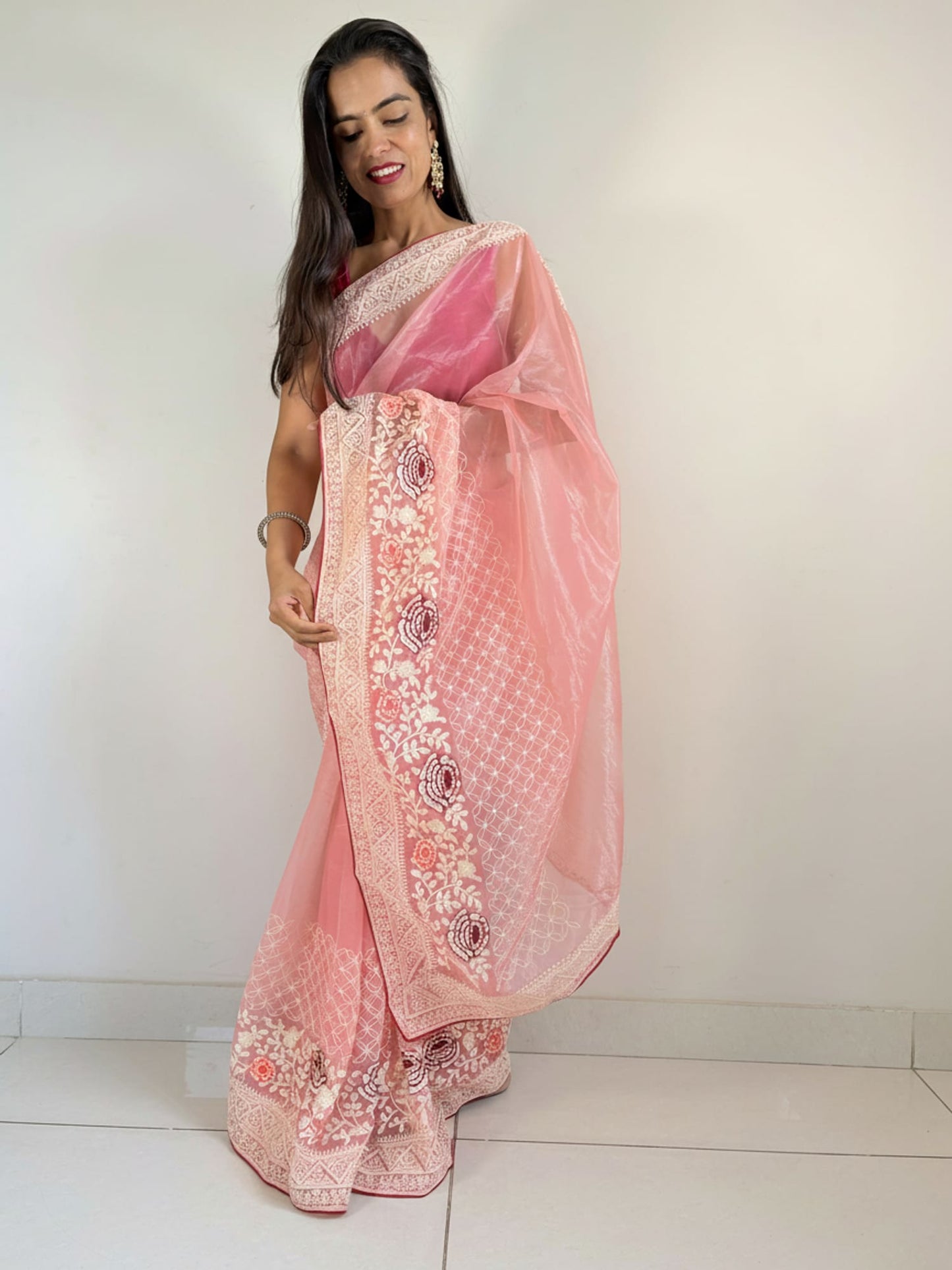 Peach Organza Designer Saree