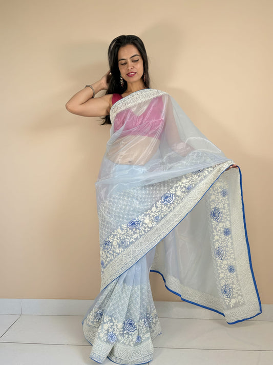 Blue Organza Designer Saree