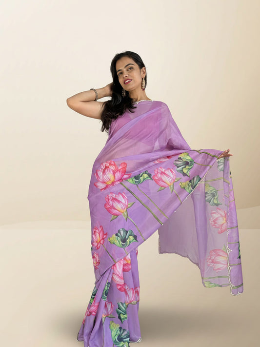 Purple Flower Print Designer Saree