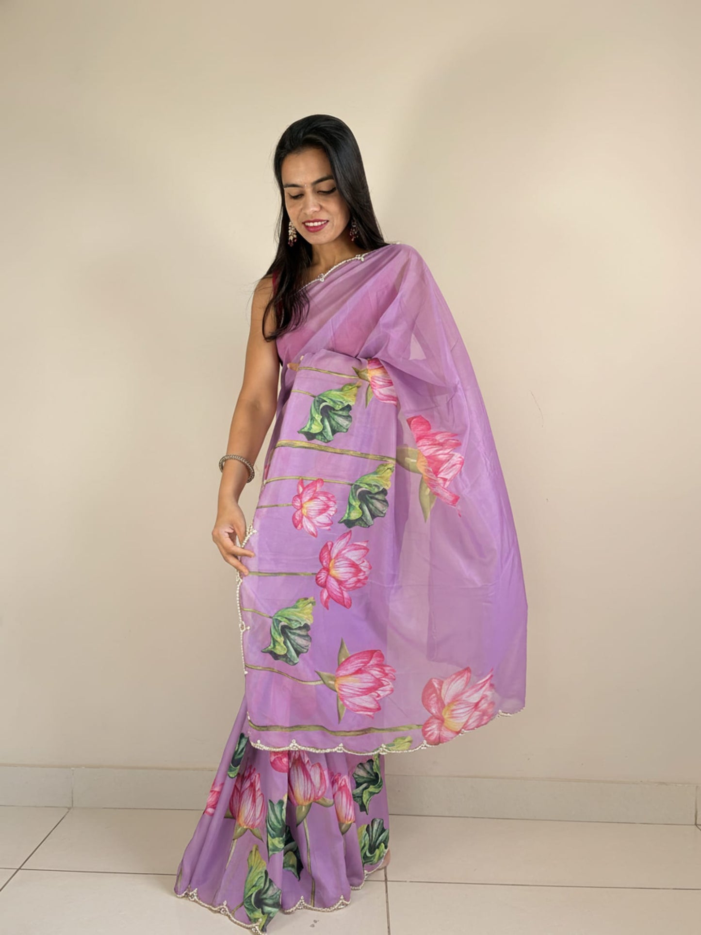 Purple Flower Print Designer Saree